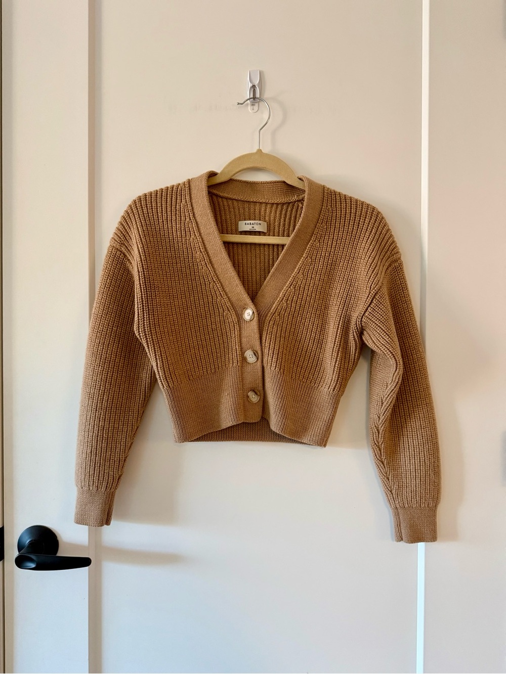 Babaton 100% Wool Cropped Ribbed V-Neck Cardigan in Camel Brown